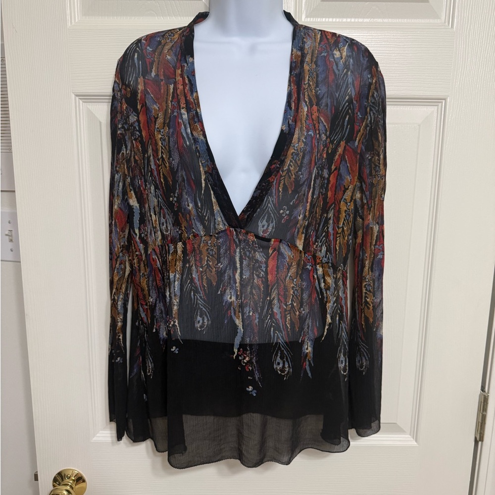 Chico’s Pure Silk Sheer V-Neck Multicolor Feather-Print Women's Top Size1